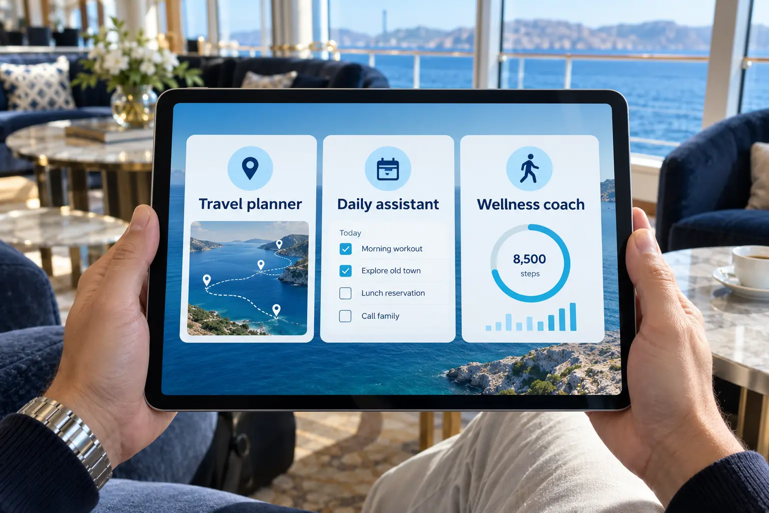 A tablet showing personal AI helpers for travel planning, daily tasks, and wellness goals