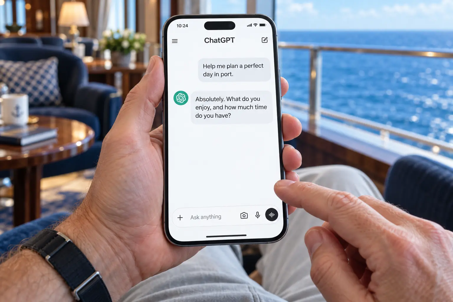 Using ChatGPT on a smartphone to plan a day in port