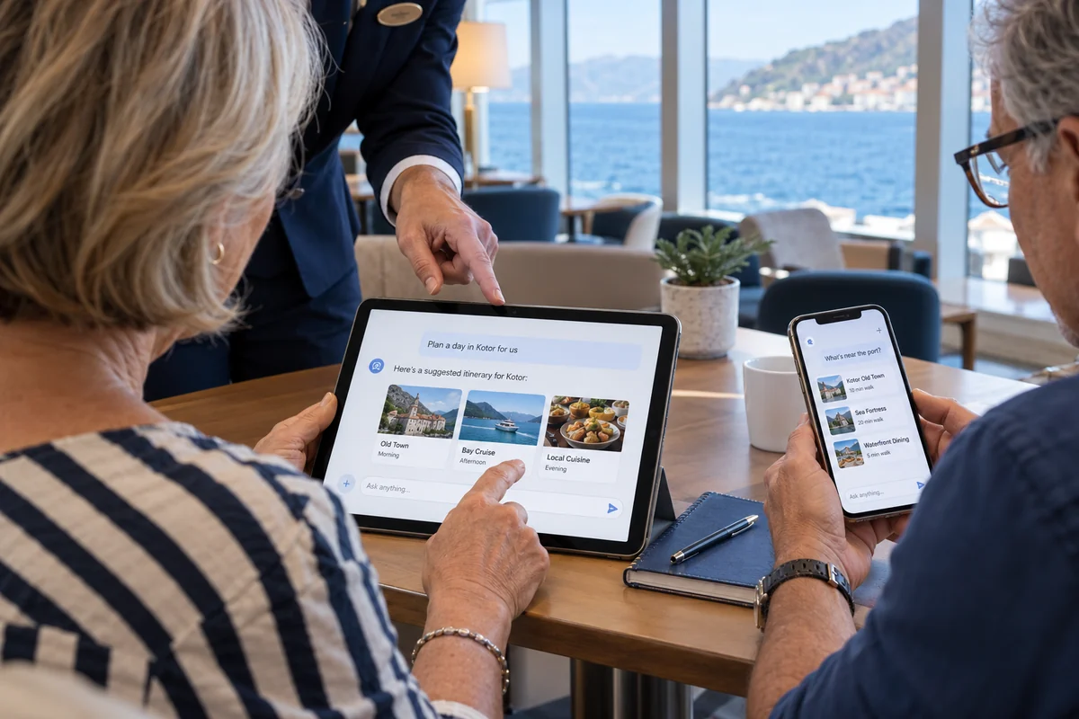 Cruise guests practicing AI on a tablet and smartphone with step-by-step guidance in a small onboard meeting space