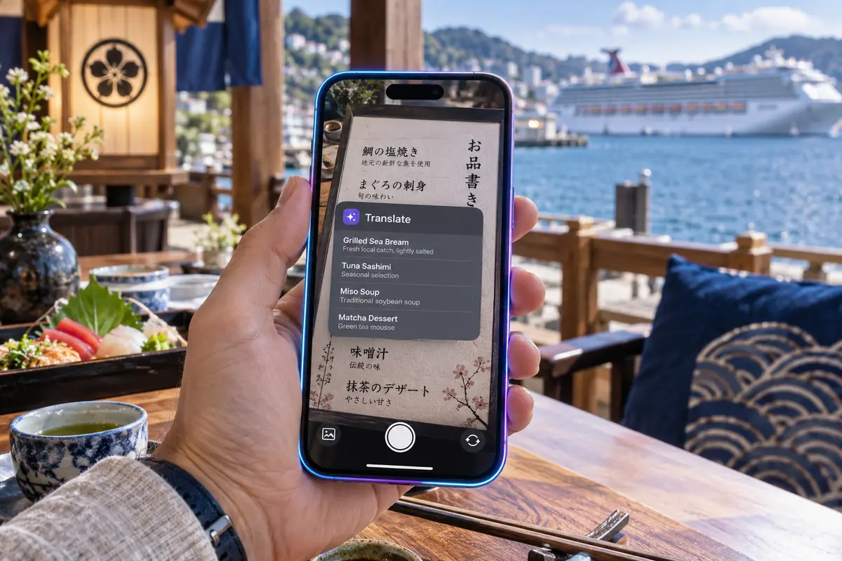 An iPhone translating a Japanese restaurant menu beside a cruise port