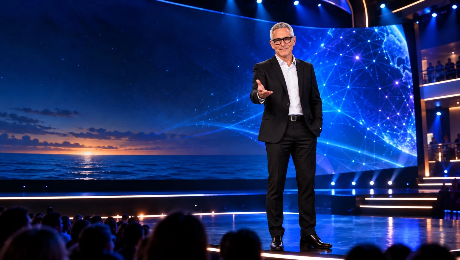 David Lewis demonstrating artificial intelligence on a cruise theater stage