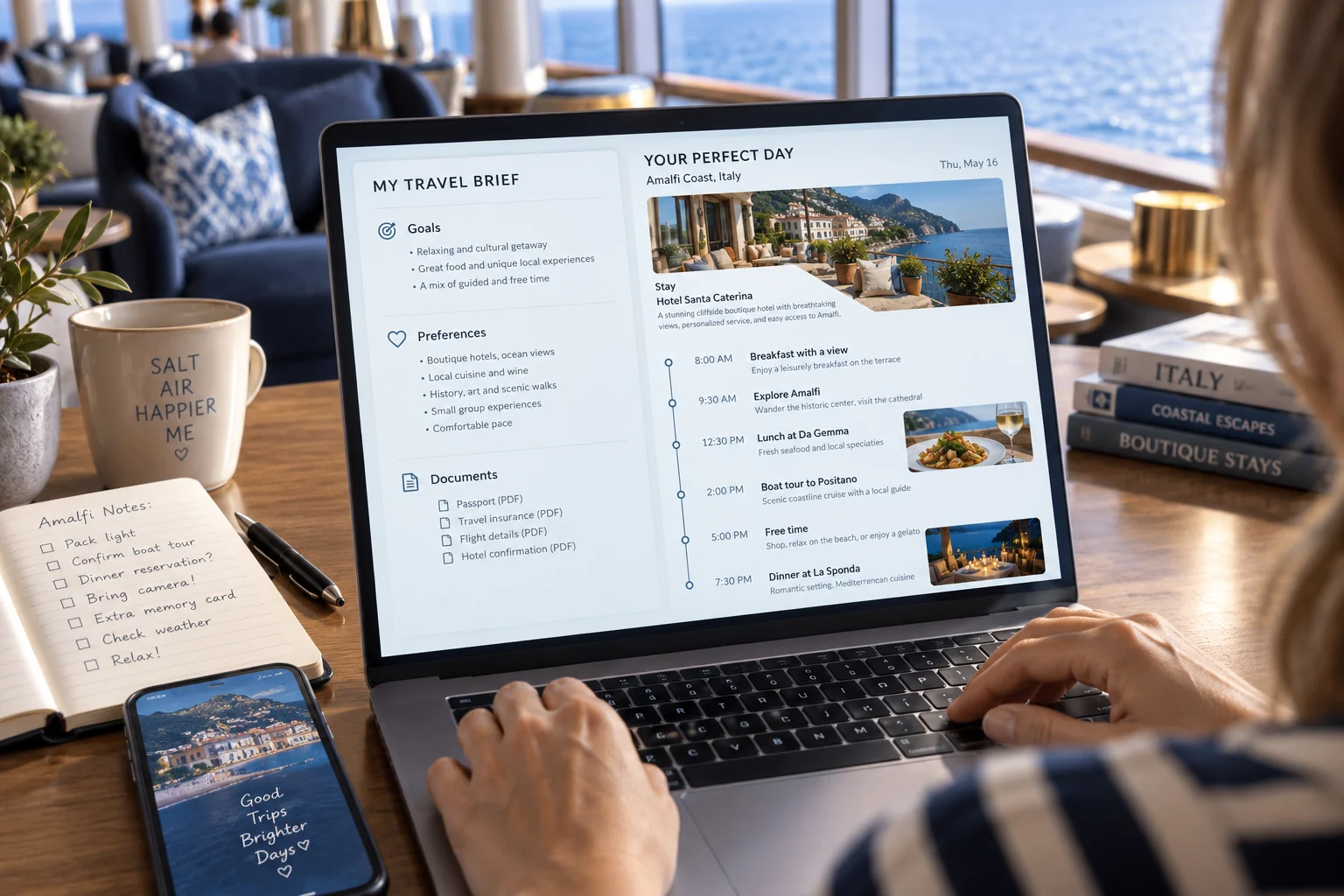 A detailed travel brief with goals, preferences, and documents becomes a personalized itinerary on a laptop