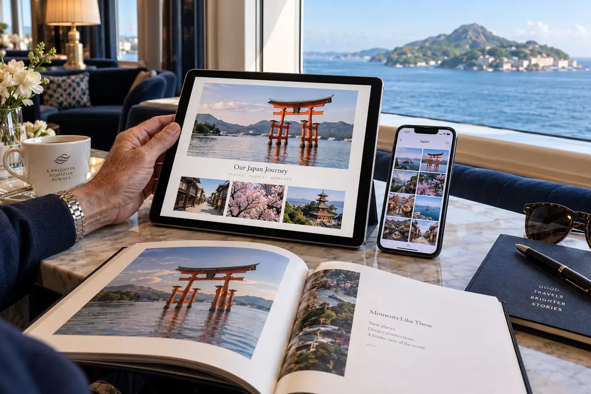 Travel photos on a phone becoming a photo story on a tablet and a printed keepsake in a cruise lounge
